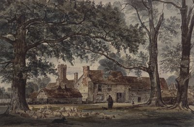 Bauerngebäude und ein Schäfer mit einer Schafherde von Thomas Collier